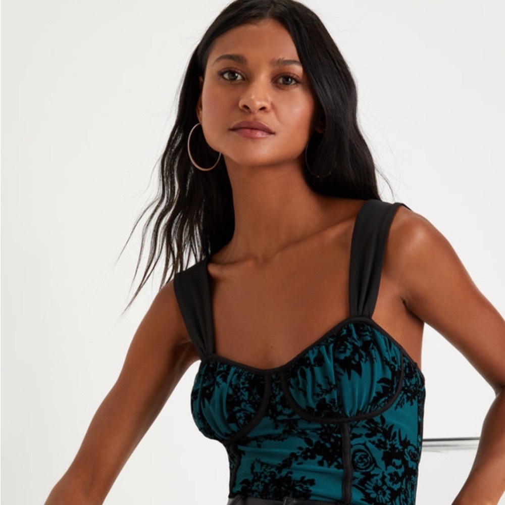 NWT Lulus Exceptionally Dramatic Green Burnout Floral Bustier Bodysuit